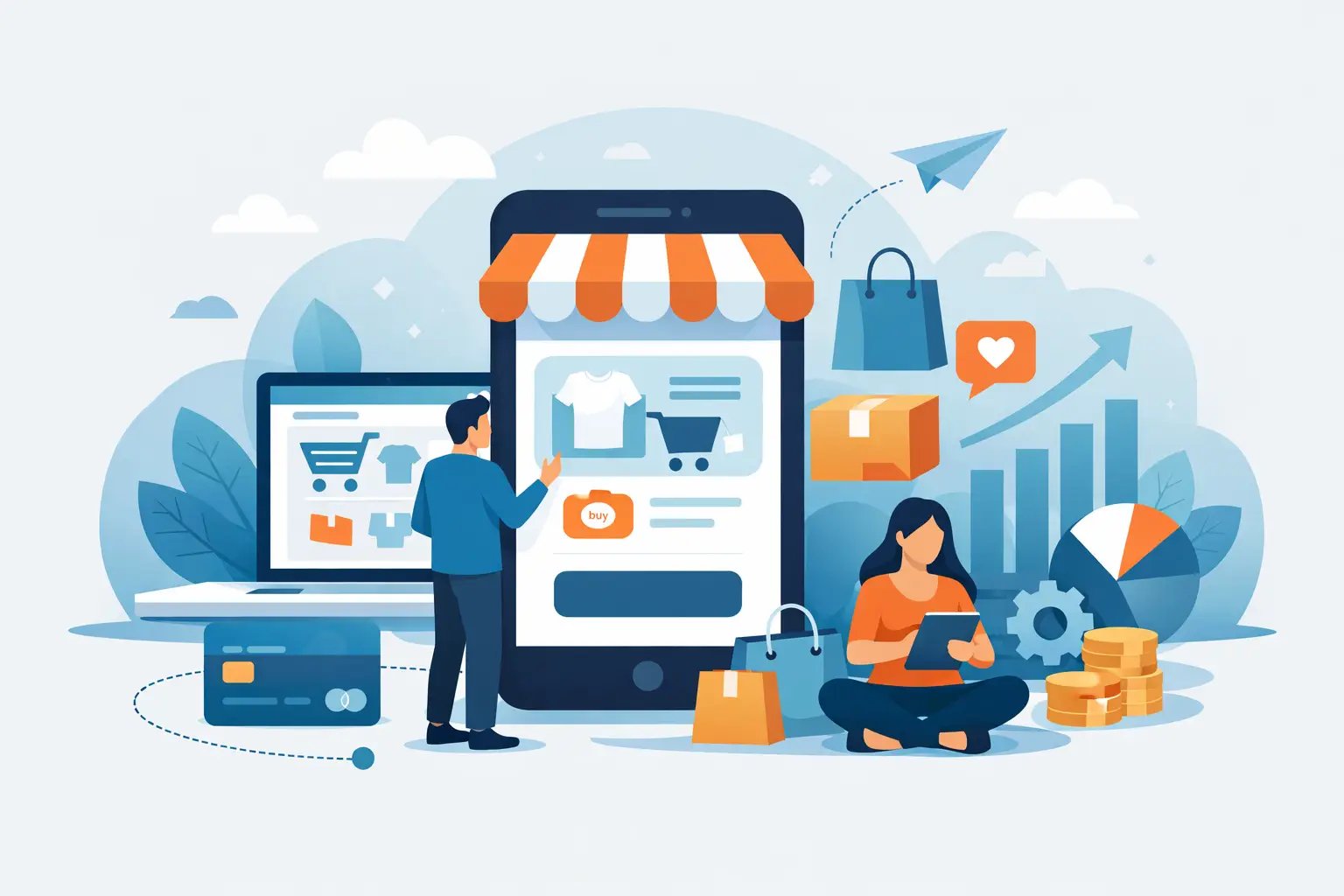 Smartphone exibindo loja virtual em aplicativo nativo com produtos e checkout