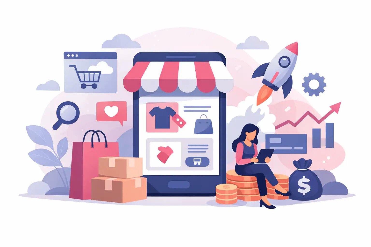 Tela de celular com app de ecommerce integrado à plataforma VTEX exibindo vitrine de produtos