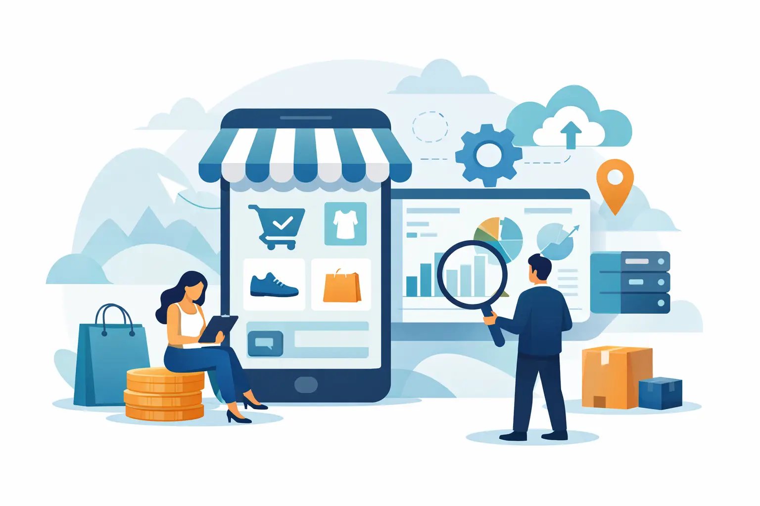 Pessoa avaliando dashboard de plataforma de app commerce em laptop e celular