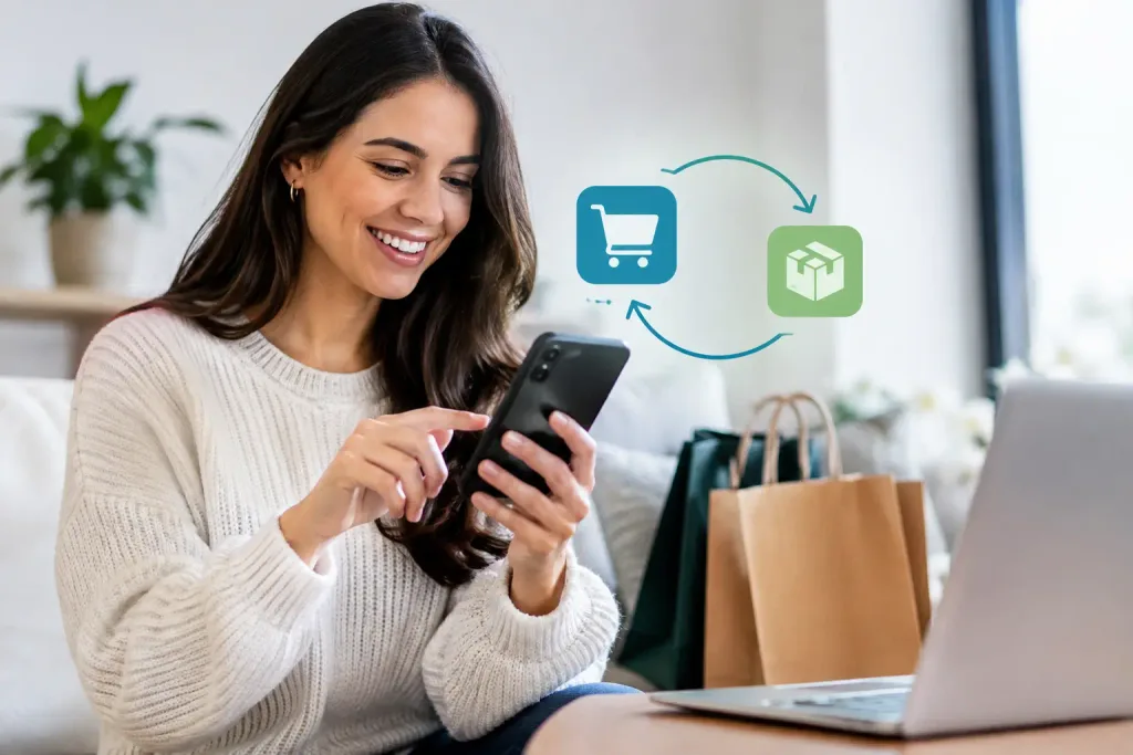Cliente fazendo recompra pelo aplicativo de e-commerce no celular