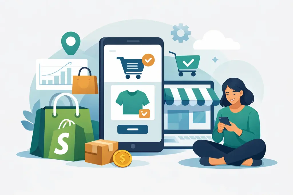 Tela de celular com app para ecommerce Shopify exibindo vitrine de produtos e jornada de compra