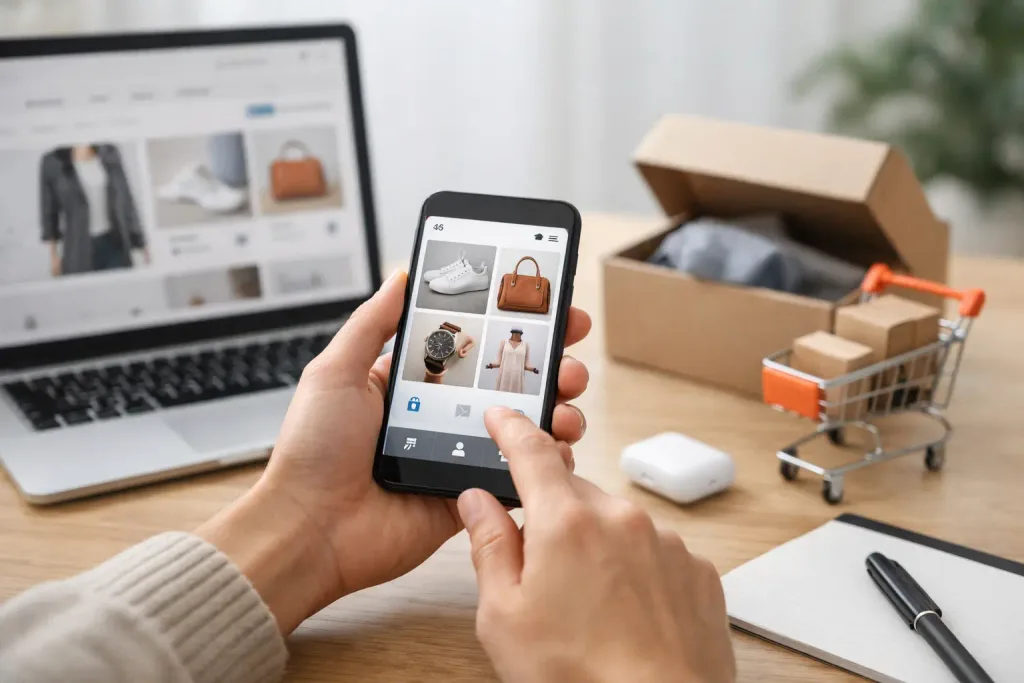Tela de celular com app para ecommerce Wake exibindo vitrine de produtos e jornada de compra
