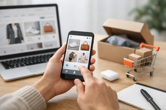 Tela de celular com app para ecommerce Wake exibindo vitrine de produtos e jornada de compra