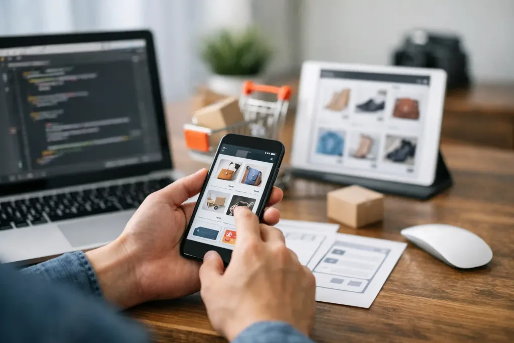 Mão segurando smartphone com app de ecommerce ao lado de notebook com código e tablet com vitrine de produtos