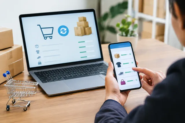 Operação de e-commerce sincronizando estoque com o aplicativo em tempo real