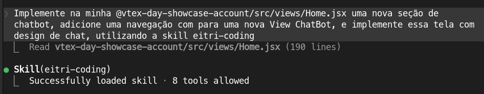 Exemplo de prompt utilizando as skills do Eitri Coding no Claude Code