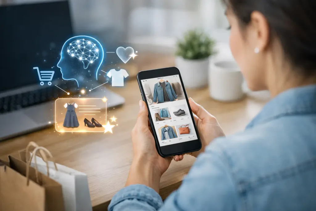 Personalização com IA no app exibindo vitrine adaptada por perfil de usuário