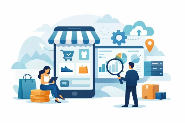 Pessoa avaliando dashboard de plataforma de app commerce em laptop e celular