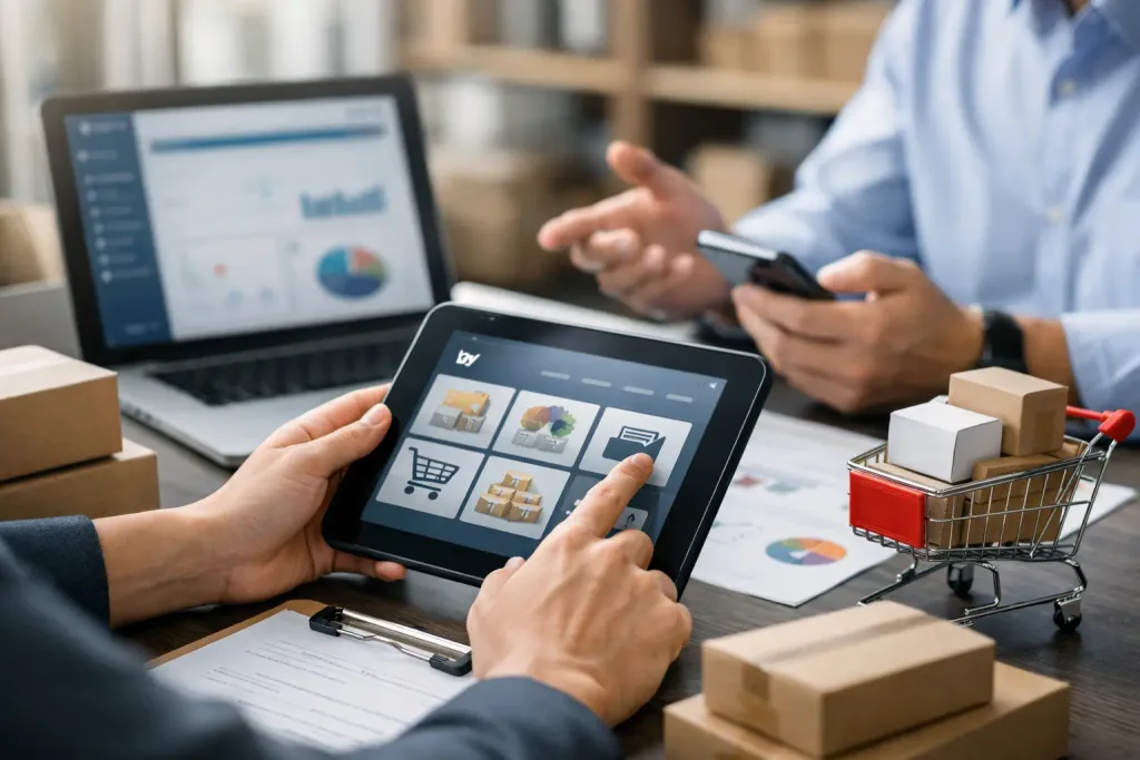 Gestor avaliando plataforma de aplicativo para varejo B2B