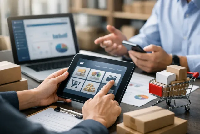 Gestor avaliando plataforma de aplicativo para varejo B2B