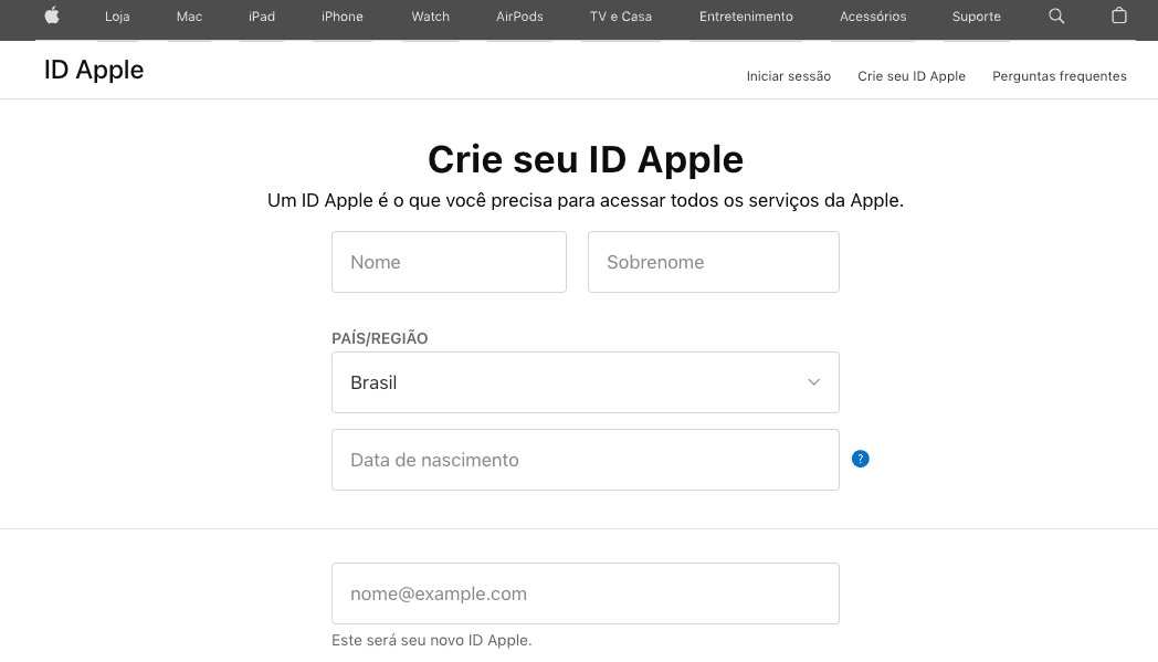 Formulário de criação do ID Apple com campos de nome, país e data de nascimento.