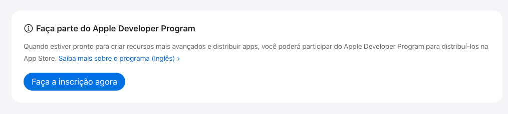 Card "Faça parte do Apple Developer Program" com o botão "Faça a inscrição agora".