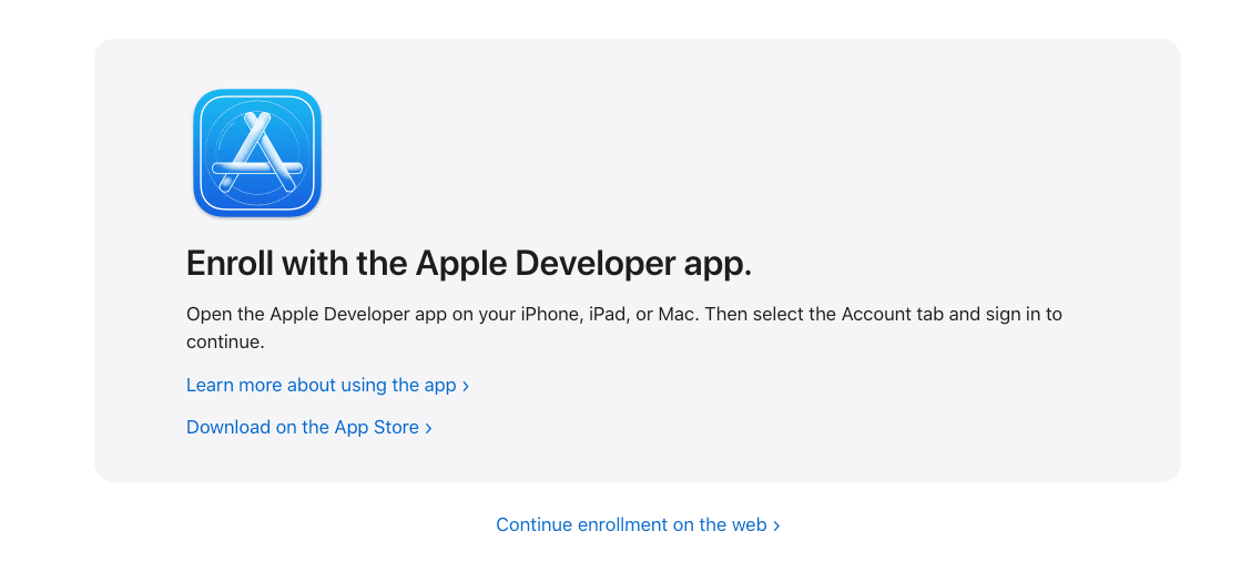 Tela de inscrição no Apple Developer Program com a opção de continuar pelo site.