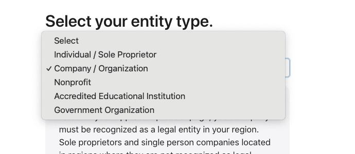 Seleção do tipo de entidade com a opção "Company / Organization" marcada.