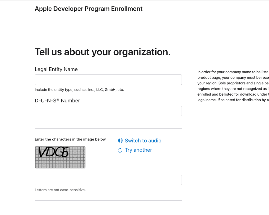 Formulário "Tell us about your organization" com os campos Legal Entity Name e D-U-N-S Number.