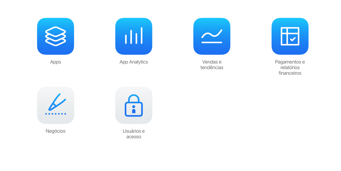 Página inicial do App Store Connect com os módulos Apps, App Analytics e "Usuários e acesso".