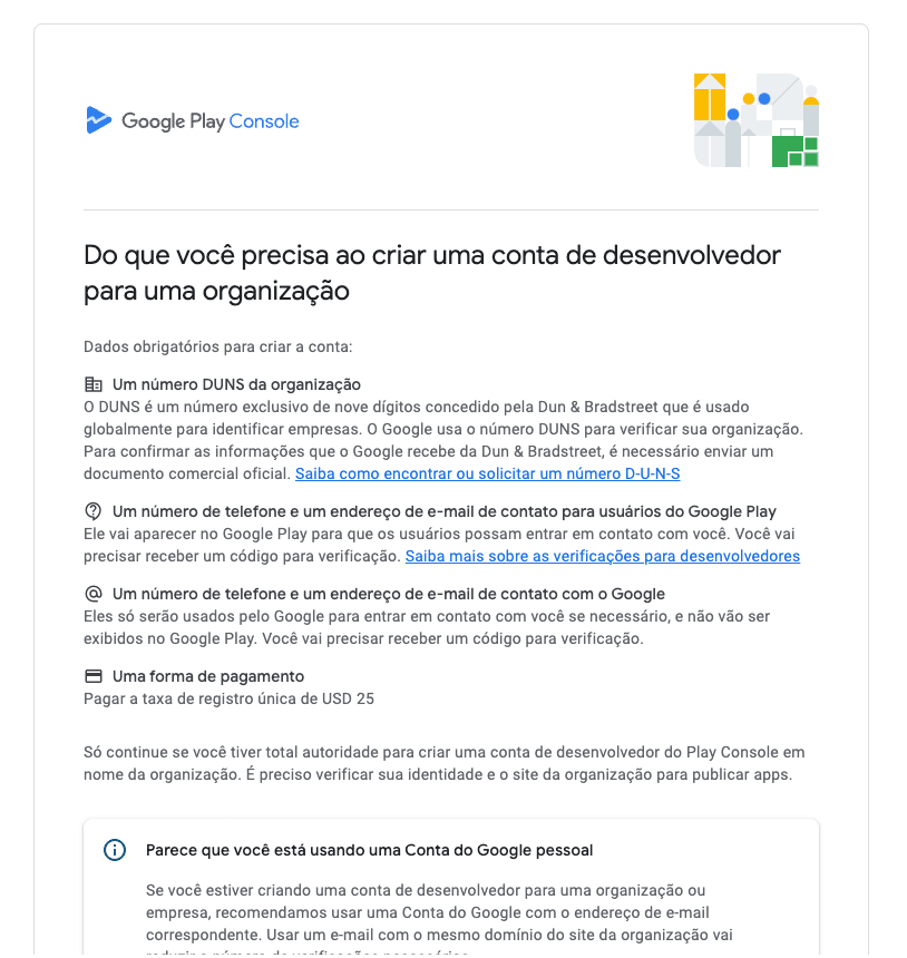 Lista de requisitos do Google Play Console para criar conta de organização, incluindo número D-U-N-S e forma de pagamento.