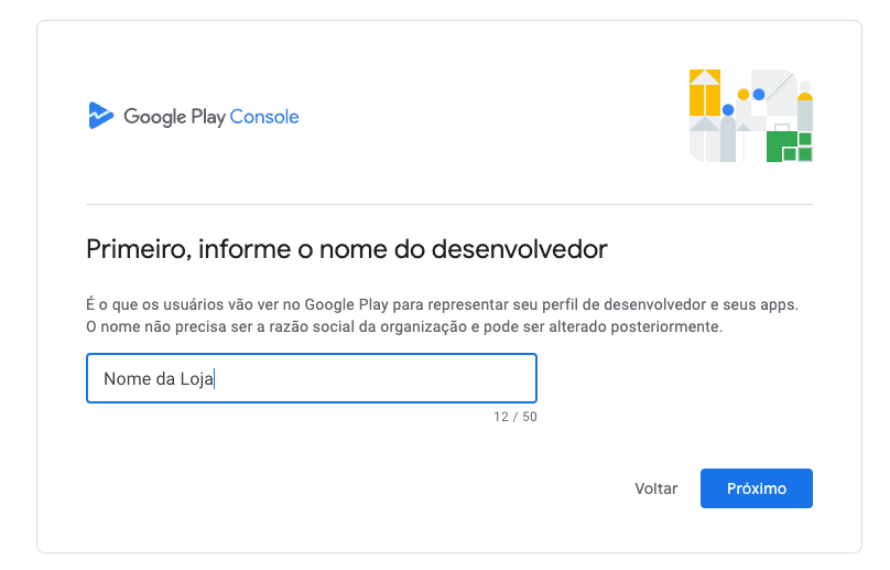 Campo para informar o nome do desenvolvedor exibido no Google Play.
