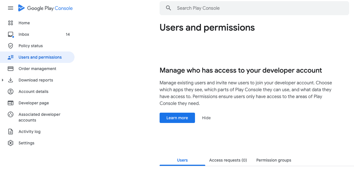Seção "Usuários e permissões" (Users and permissions) do Google Play Console.