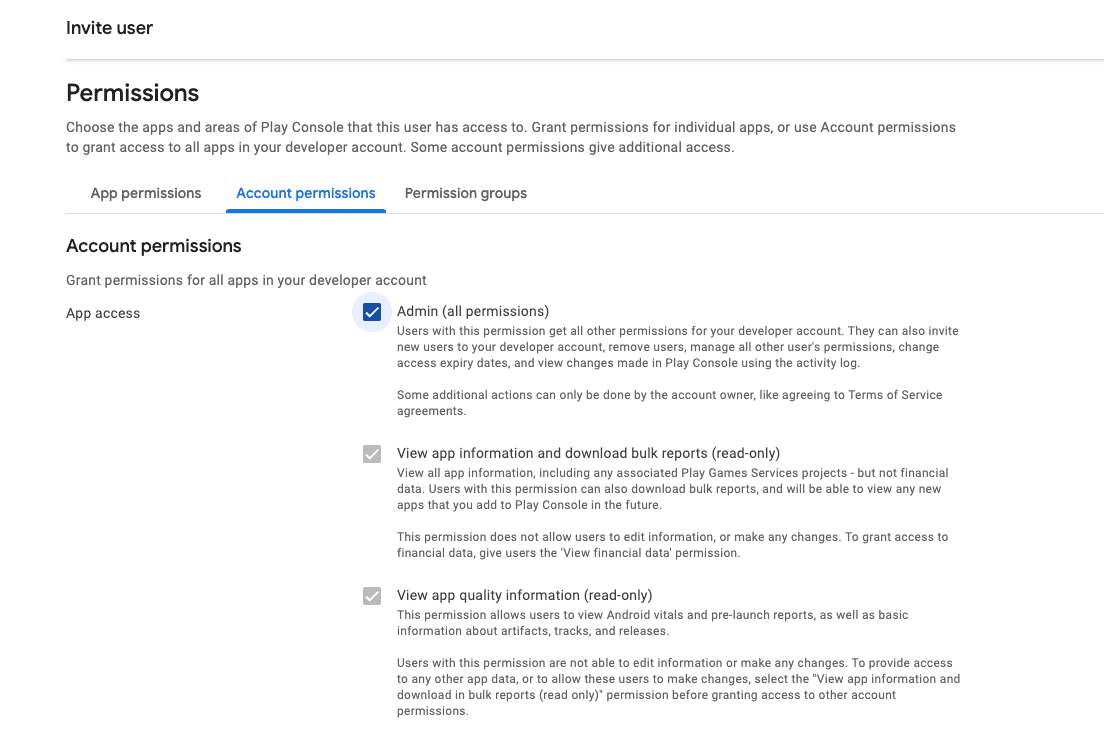Tela de permissões do convite de usuário com a opção "Admin (all permissions)" marcada.