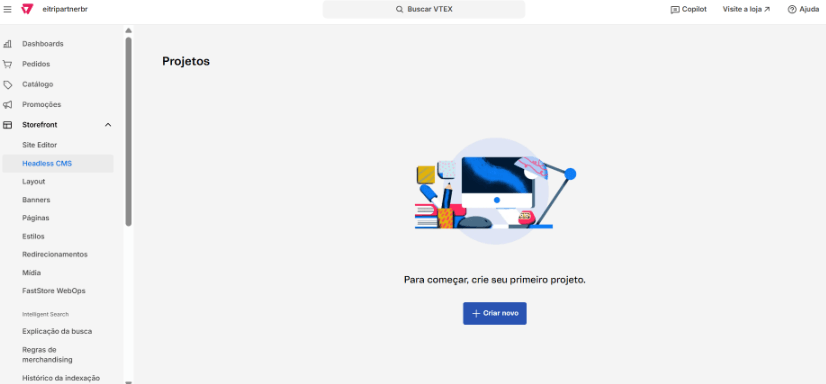 Tela do Headless CMS com botão para criar um novo projeto