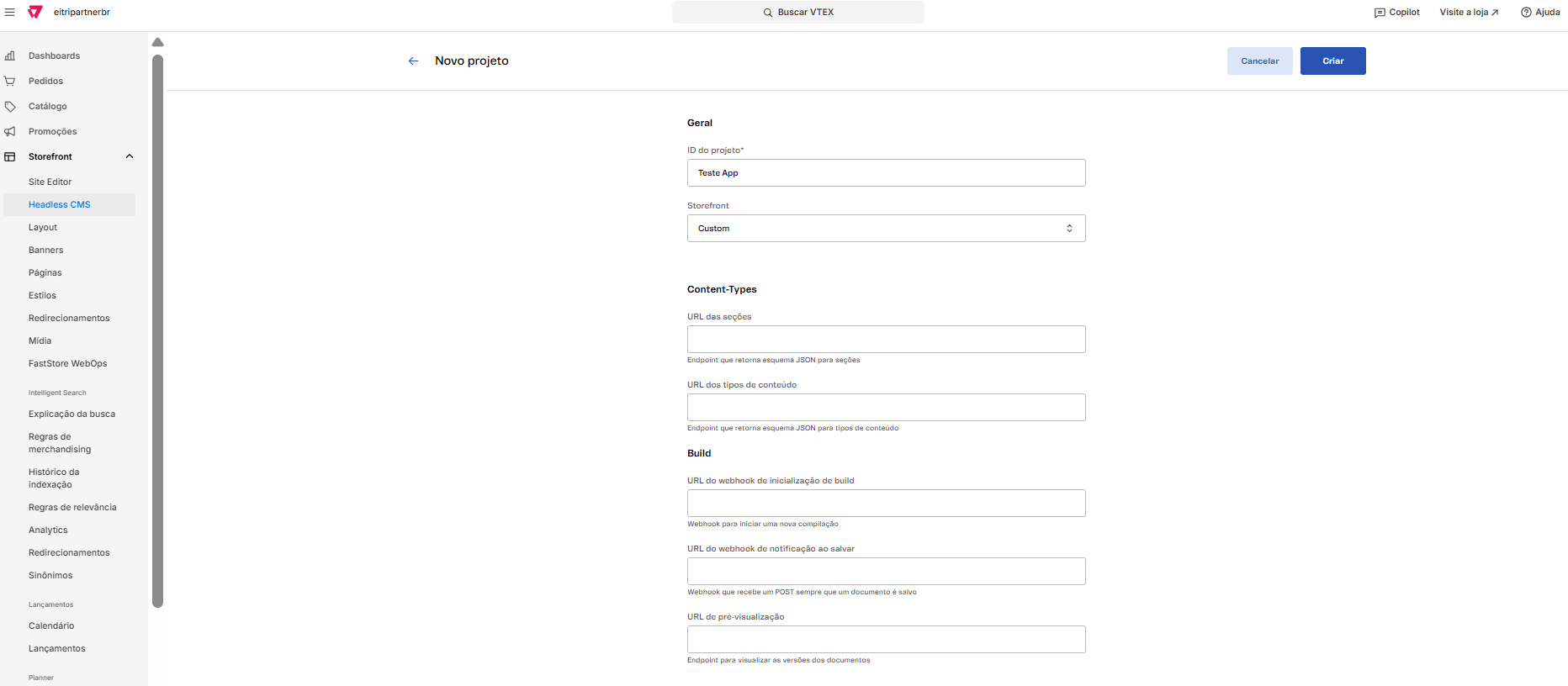 Projeto aberto no Headless CMS pronto para configuração
