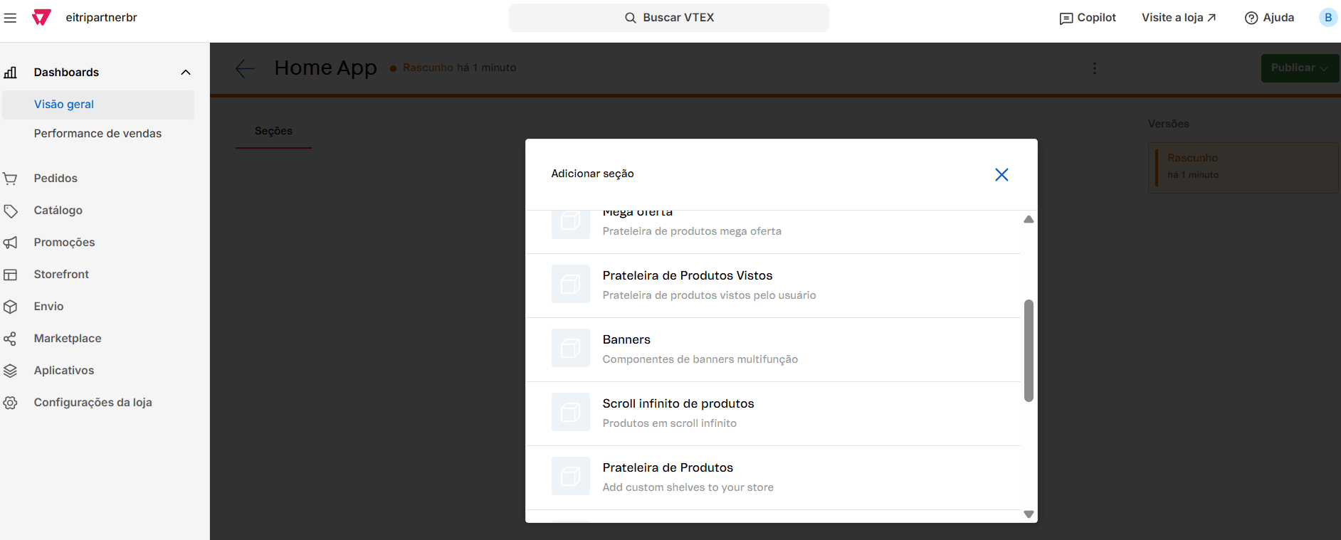 Botão de adicionar componente na página Home do CMS