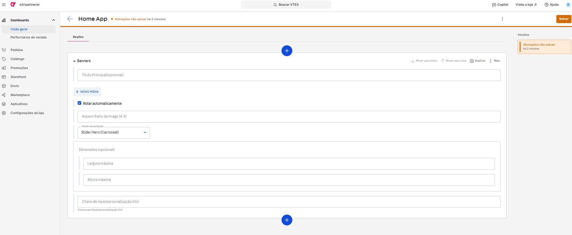 Componente Banners sendo selecionado para a Home