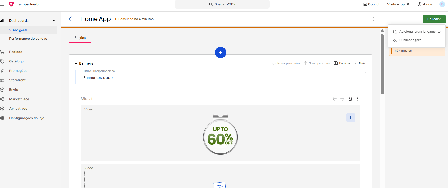 Botão Publicar exibido ao salvar a Home