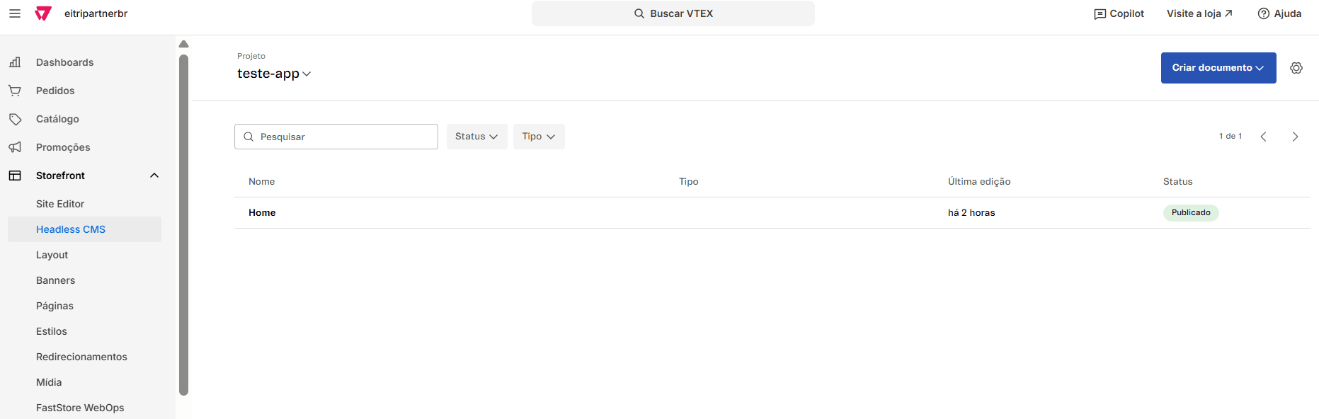 Hierarquia de páginas do app com a Home já publicada