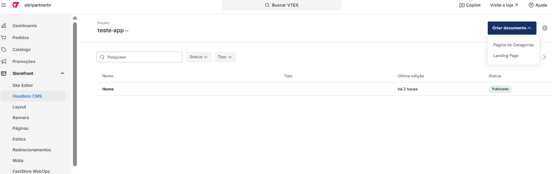Seleção do tipo Categorias ao criar uma nova página