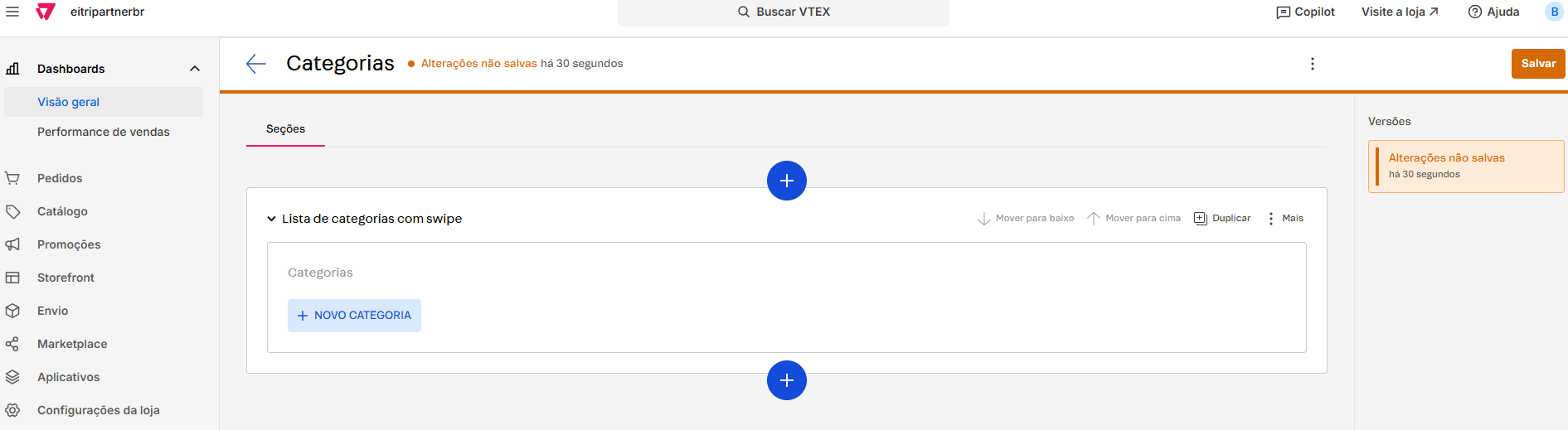 Formulário do componente de categorias com botões Salvar e Publicar