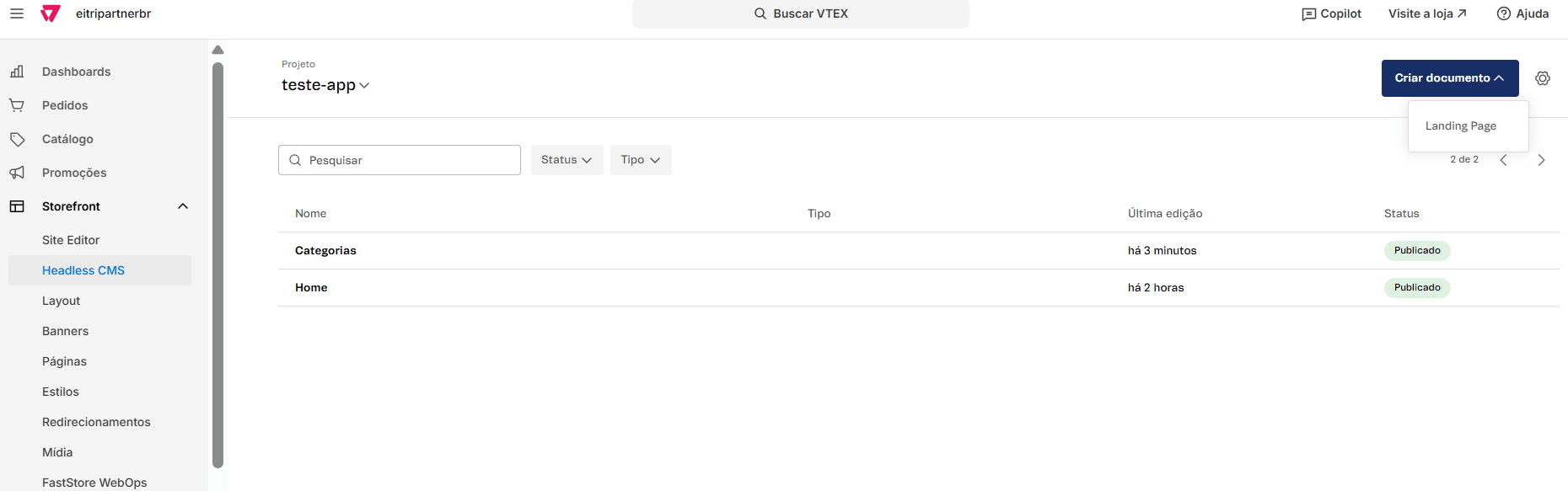 Seleção do tipo Landing Page ao criar uma nova página