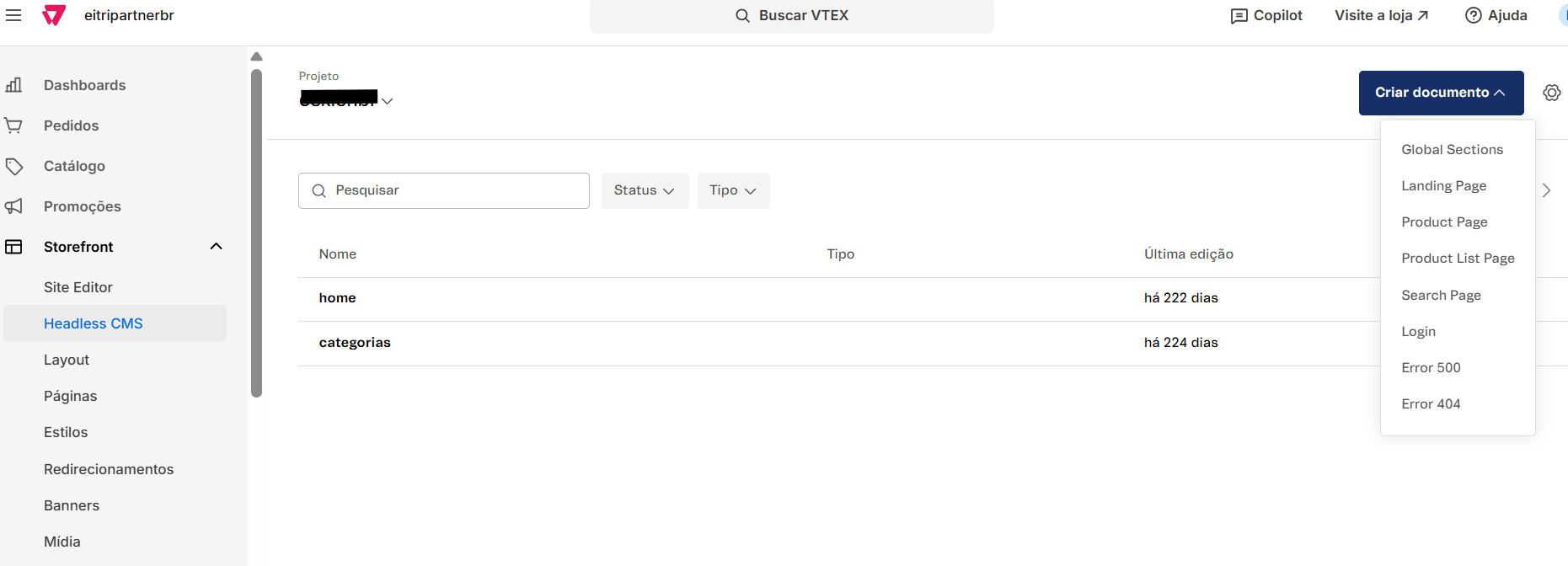 Documento aberto no CMS pronto para receber um banner