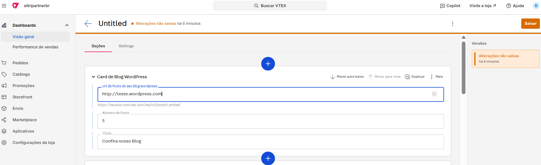Configuração de URL, título e limite de posts do Blog