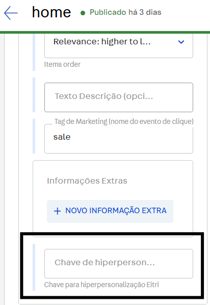 Painel de configurações do banner no CMS, com o campo Chave de hiperpersonalização Eitri em destaque abaixo de Tag de Marketing e Informações Extras