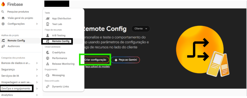 Tela do Remote Config no Firebase com o menu DevOps e engajamento aberto, a opção Remote Config selecionada e o botão Criar configuração em destaque
