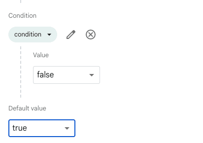 Parâmetro do Remote Config com o valor da condição definido como false e o Default value como true