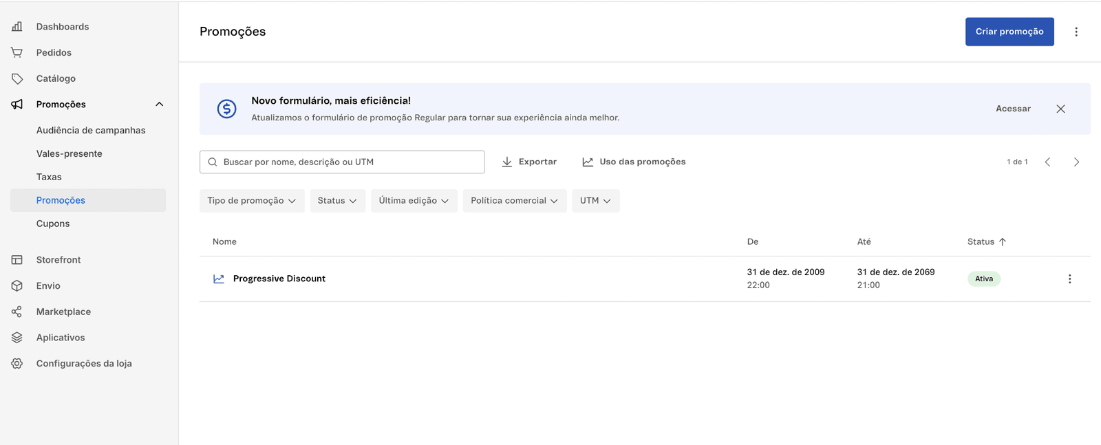 Tela de listagem de promoções da VTEX com o botão Criar promoção