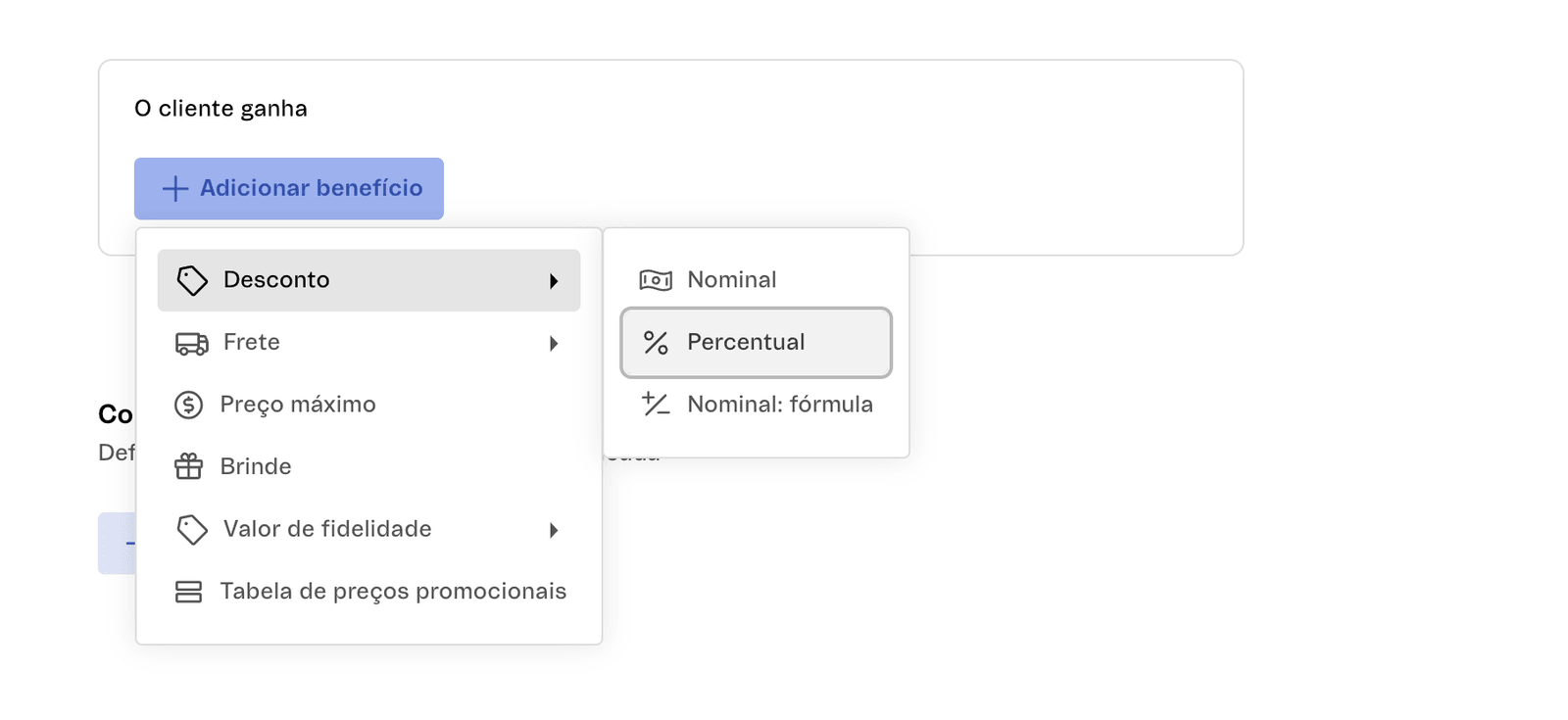 Dropdown de tipos de benefício: Desconto (Nominal, Percentual, Fórmula), Frete, Brinde e outros
