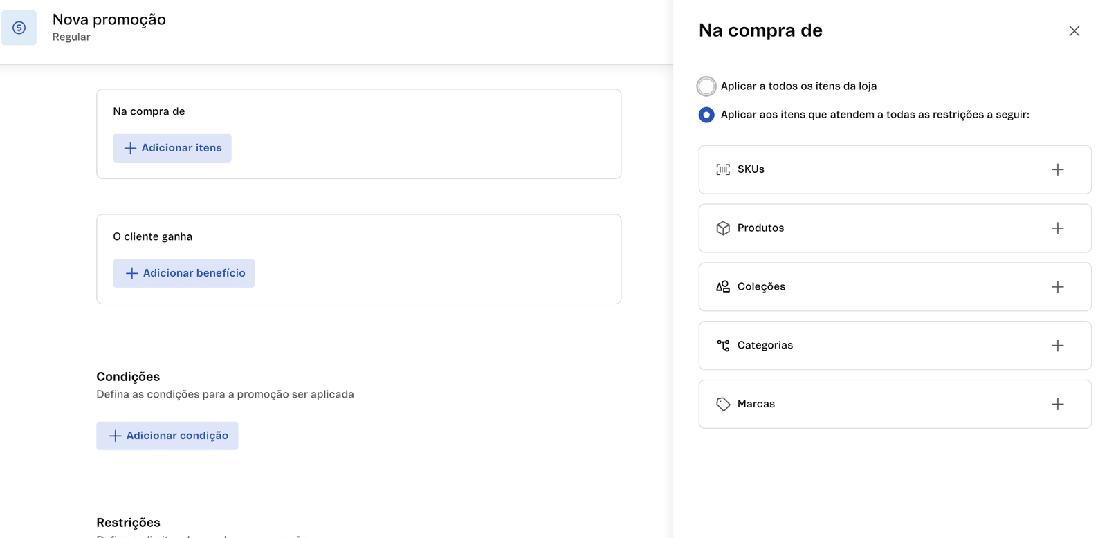 Painel da promoção com as seções Na compra de, O cliente ganha, Condições e Restrições