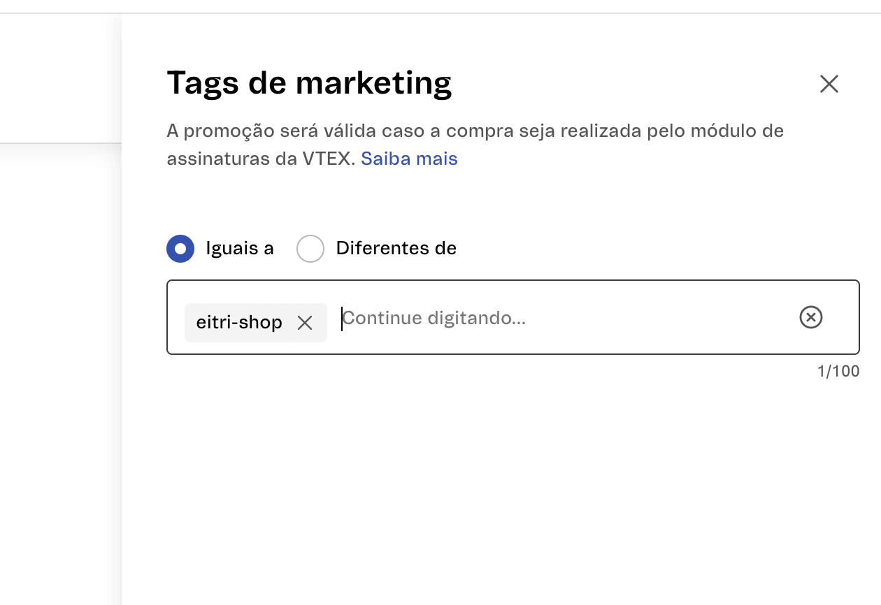 Painel Tags de marketing com a opção Iguais a selecionada e a tag do app adicionada