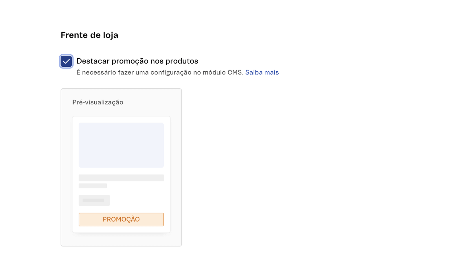 Seção Frente de loja com a opção Destacar promoção nos produtos ativada e pré-visualização do selo